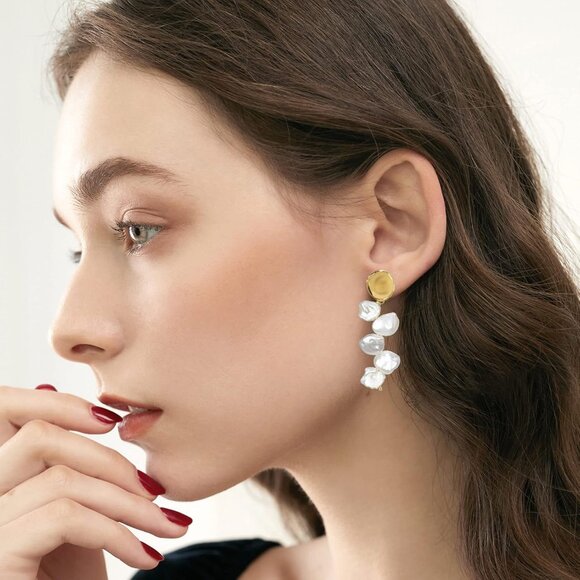 Dangle Pearl Earrings Women Gold Drop Statement Wedding Bridesmaid Jewelry - Picture 3 of 7